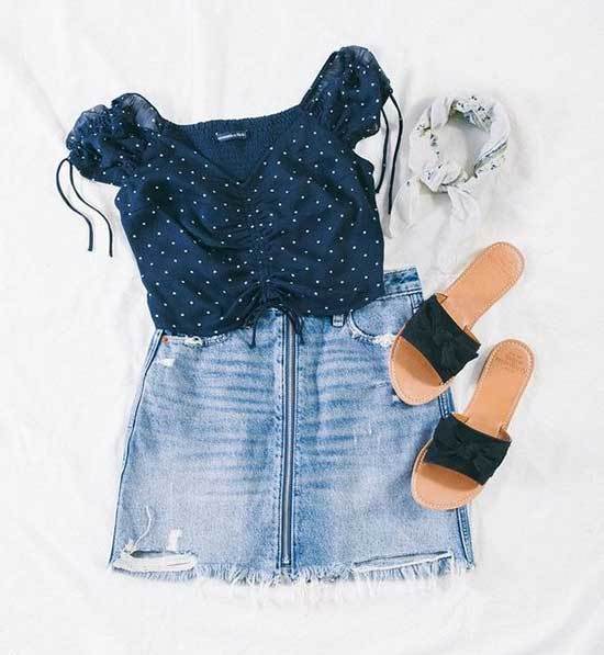 Cute Polka Dot Top and Jean Skirt Slippers Outfits