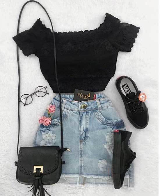 Cute Black Top with Jean Skirt Outfits