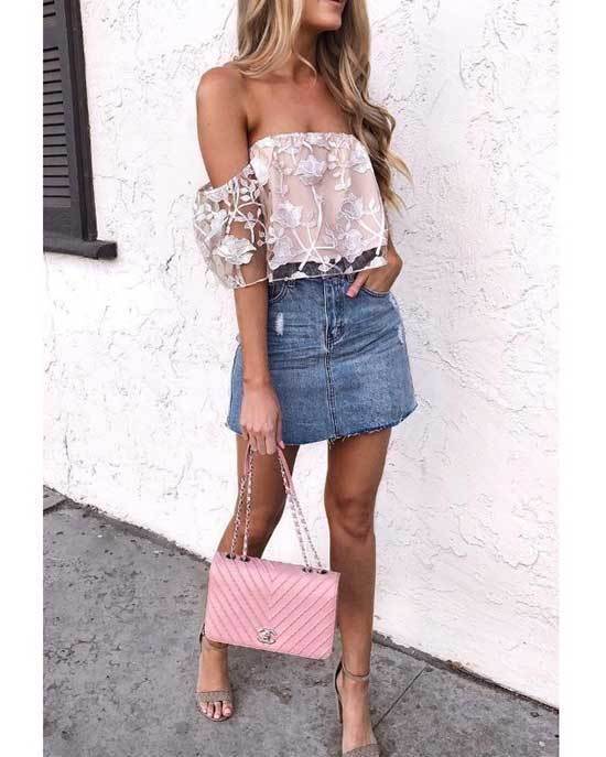 Cute Lace Top and Jean Skirt Outfits
