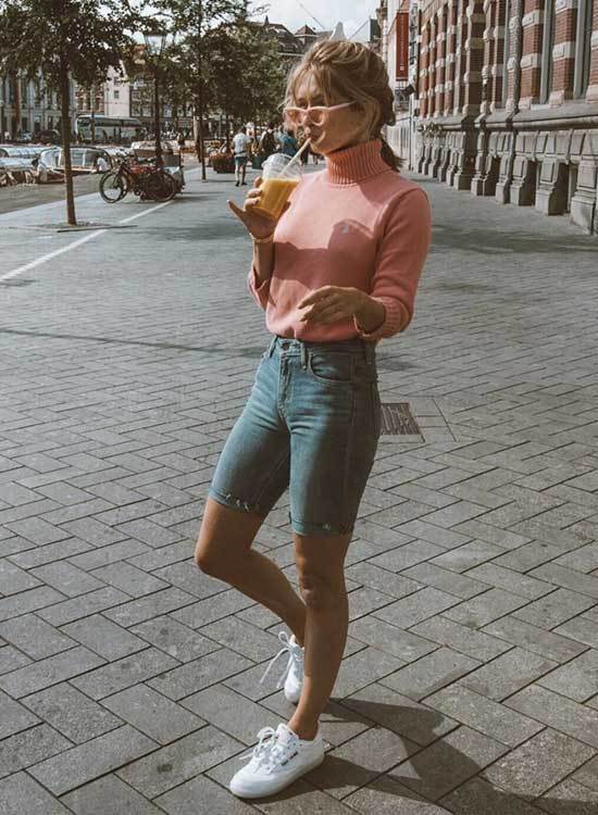 Womens Pink Sweater and Cut off Jean Shorts